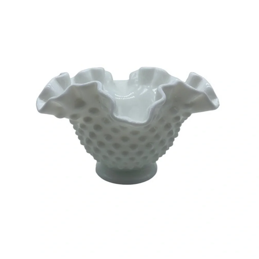 Vintage Fenton Milk Glass Hobnail Ruffled Bowl